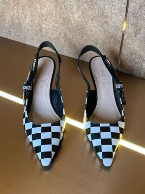 🚩steal Dior Black and White Checkerboard Slingback Pointed Pumps
